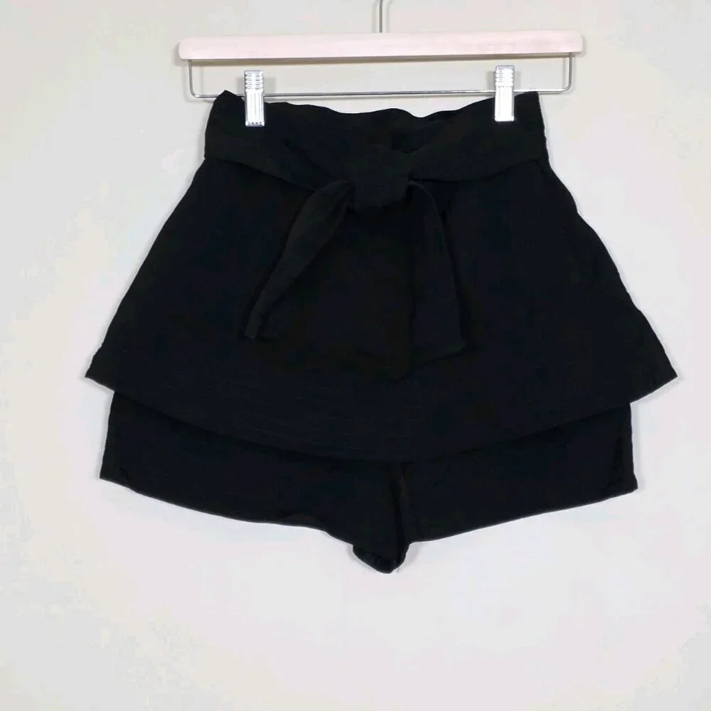 Maje Iloz Tiered Short Women 36 Black High Rise Pockets Belt Side Zip Goth Twill
